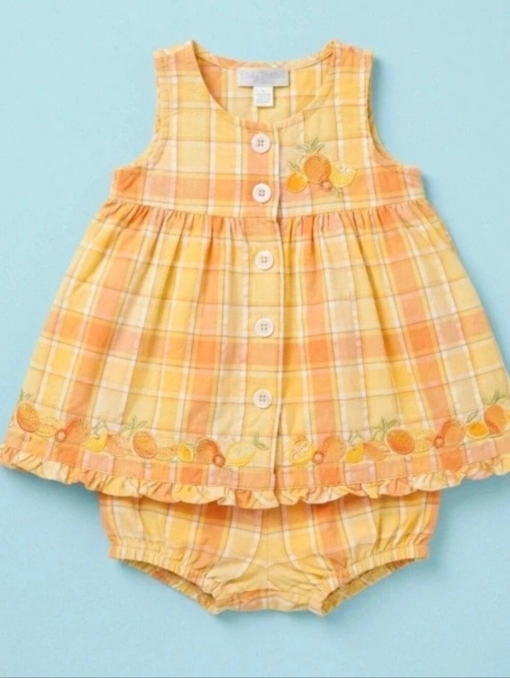 Bt kids Vintage Baby Girl Yellow Plaid Citrus Embroidered Dress & Bloomer Set